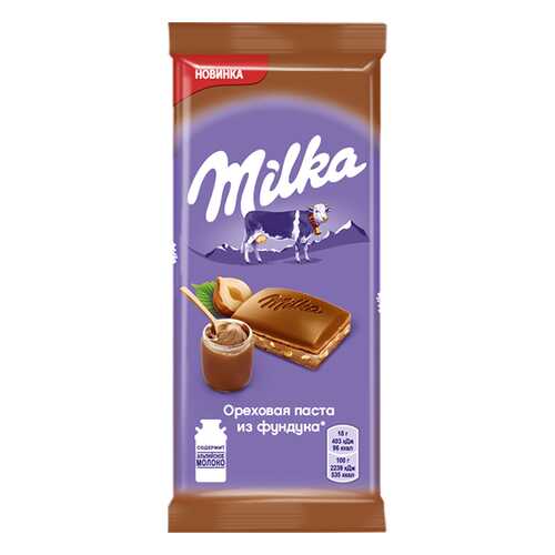 Шоколад Milka молочный с добавлением ореховой пасты из фундука и с дробленым фундуком 90 г в Слата